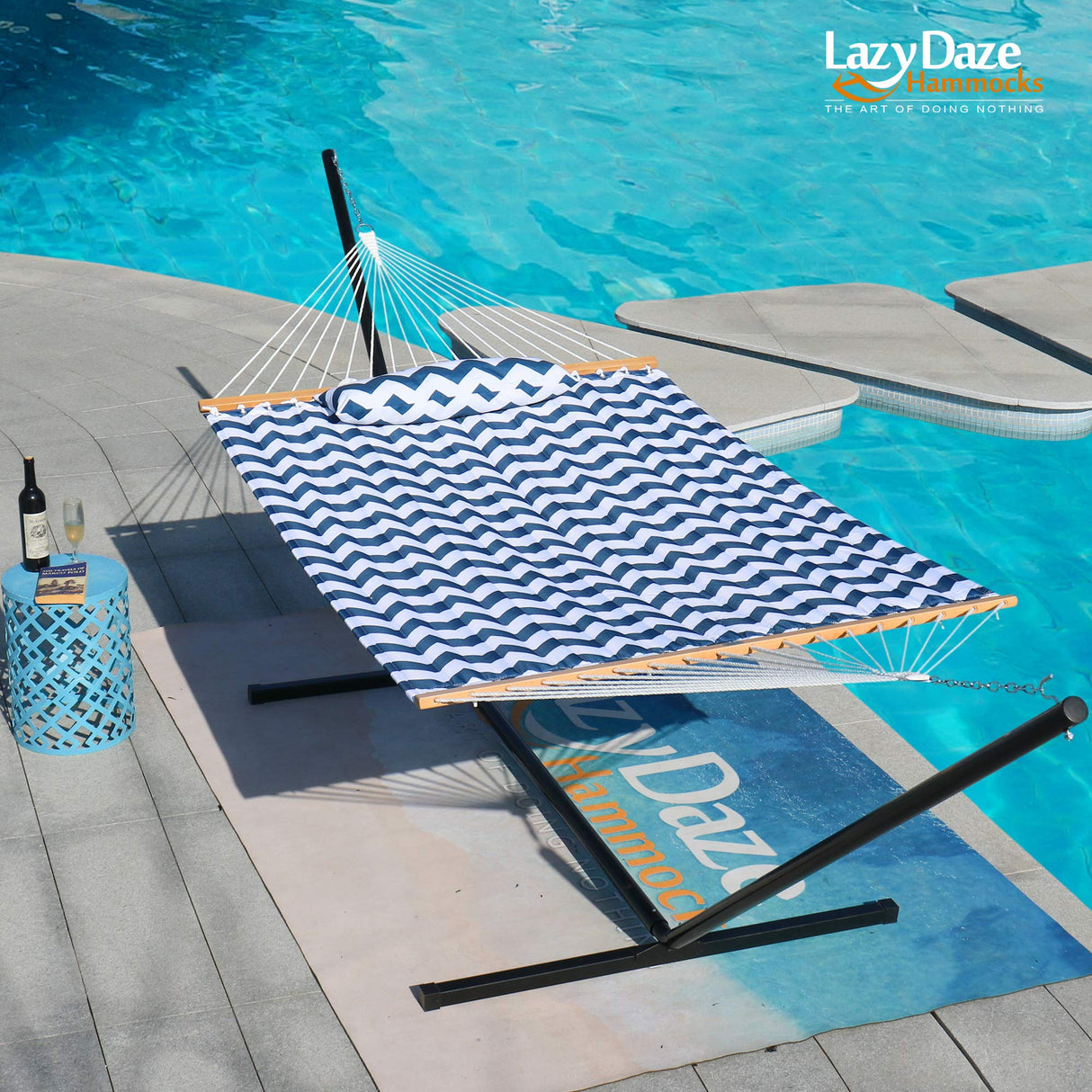 Lazy Daze Hammocks 12 FT Double Quilted Hammock with Spreader Bars and Detachable Pillow, 2 Person Hammock for Outdoor Patio Backyard Poolside, 450 LBS Weight Capacity, Blue Chevron Stripe Lazy Daze Hammocks