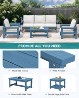 SERWALL HDPE Patio Furniture Set, 7-Piece Outdoor Sectional Sofa Set, All Weather Outdoor Couch Set for Deck, Lawn, Blue Frame with Grey Cushion SERWALL