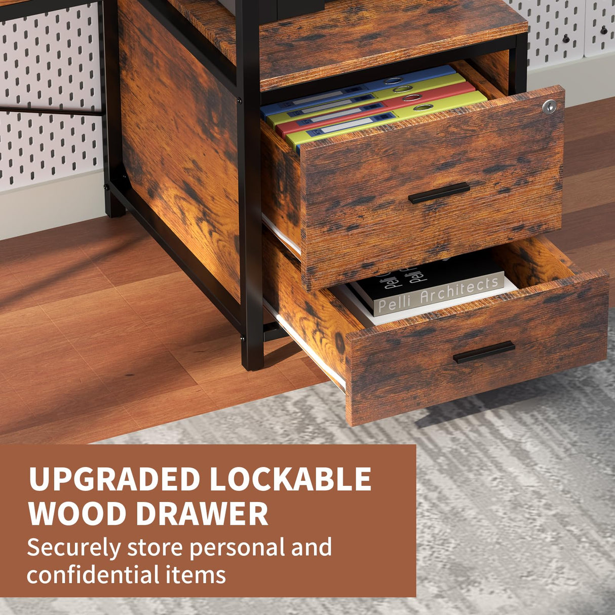 OtterOasis 66" L Shaped Desk with Wood Drawers, 113" 2 Person Desk with Printer Stand, Large Reversible L Shape Gaming Desk with Power Outlet, Brown Computer Desk with Power Outlet for Home Office OtterOasis