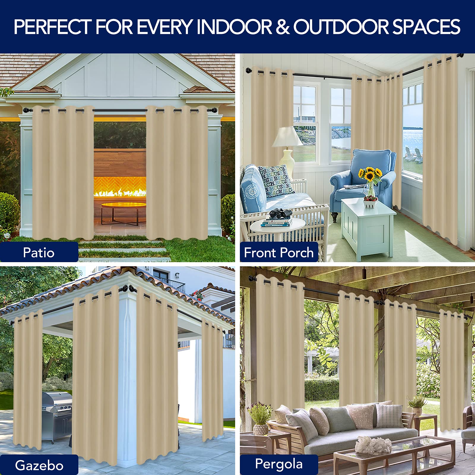 PureFit Outdoor Curtains for Patio Waterproof Weatherproof, UV and Fade Resistant Outside Curtains for Gazebo, Front Porch, Pergola, Sun Blocking Privacy Curtain, 52W x 84L inch, 1 Panel, Bei - WoodArtSupply