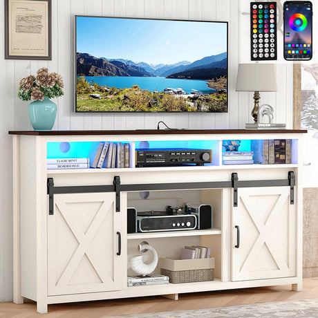 Vinctik 6&Fox 57” Wooden Farmhouse TV Stand for 60/65 inch TV,Double Layer Storage Entertainment Center TV Console Table,w Double-Row Sockets and 2 Sliding Barn Door,Media Cable Box(White) Vinctik 6&Fox