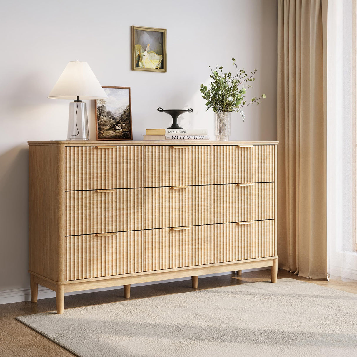 LINSY Fluted 9 Drawer Dresser for Bedroom, 58" Wide Mid-Century Modern Tall Chest of Drawers, Deep Storage Dresser with Curved Corner Design, Large Accent Wood Cabinet for Bedroom, Oak LINSY