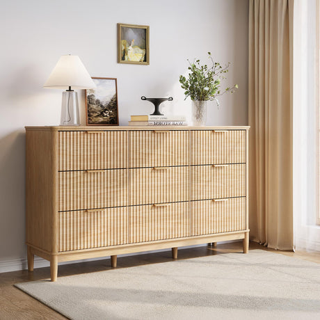LINSY Fluted 9 Drawer Dresser for Bedroom, 58" Wide Mid-Century Modern Tall Chest of Drawers, Deep Storage Dresser with Curved Corner Design, Large Accent Wood Cabinet for Bedroom, Oak LINSY