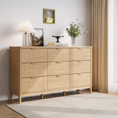 LINSY Fluted 9 Drawer Dresser for Bedroom, 58" Wide Mid-Century Modern Tall Chest of Drawers, Deep Storage Dresser with Curved Corner Design, Large Accent Wood Cabinet for Bedroom, Oak
