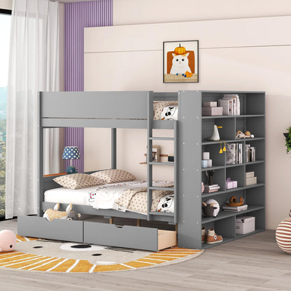 Harper & Bright Designs Grey Full Over Full Bunk Bed with Storage & Bookshelf - WoodArtSupply