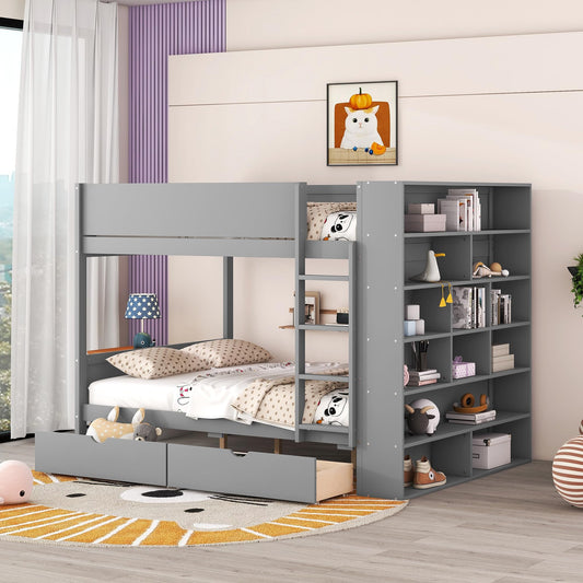 Harper & Bright Designs Grey Full Over Full Bunk Bed with Storage & Bookshelf - WoodArtSupply