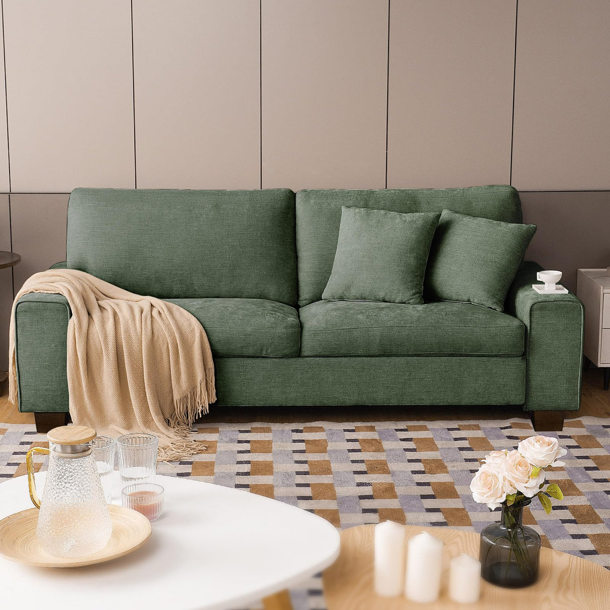 DOPEDIO Modern Loveseat Sofa for Living Room,Chenille Recliner, Removable Cover, Spring Cushions, Solid Wood Frame, Easy Assembly for Small Spaces (71.25inch，Green) DOPEDIO