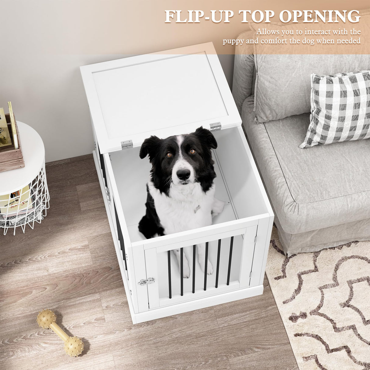 PUPETPO Furniture Style Dog Crate with Cushion, Dog Kennel Medium, Dog Crates, Dog Cage for Small and Medium Dogs, Decorative Dog Kennel with Flip-top Plate, Chew-Proof Metal Bars, White PUPETPO