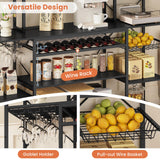 UPOSOJA Large Bakers Rack with Power Outlet, 62.4in Wide Kitchen Microwave Stand with Storage Shelves, 5-Tier Coffee Bar, Wine Rack, Goblet Holder, 8 Hooks, Wire Basket(Black, Large) UPOSOJA