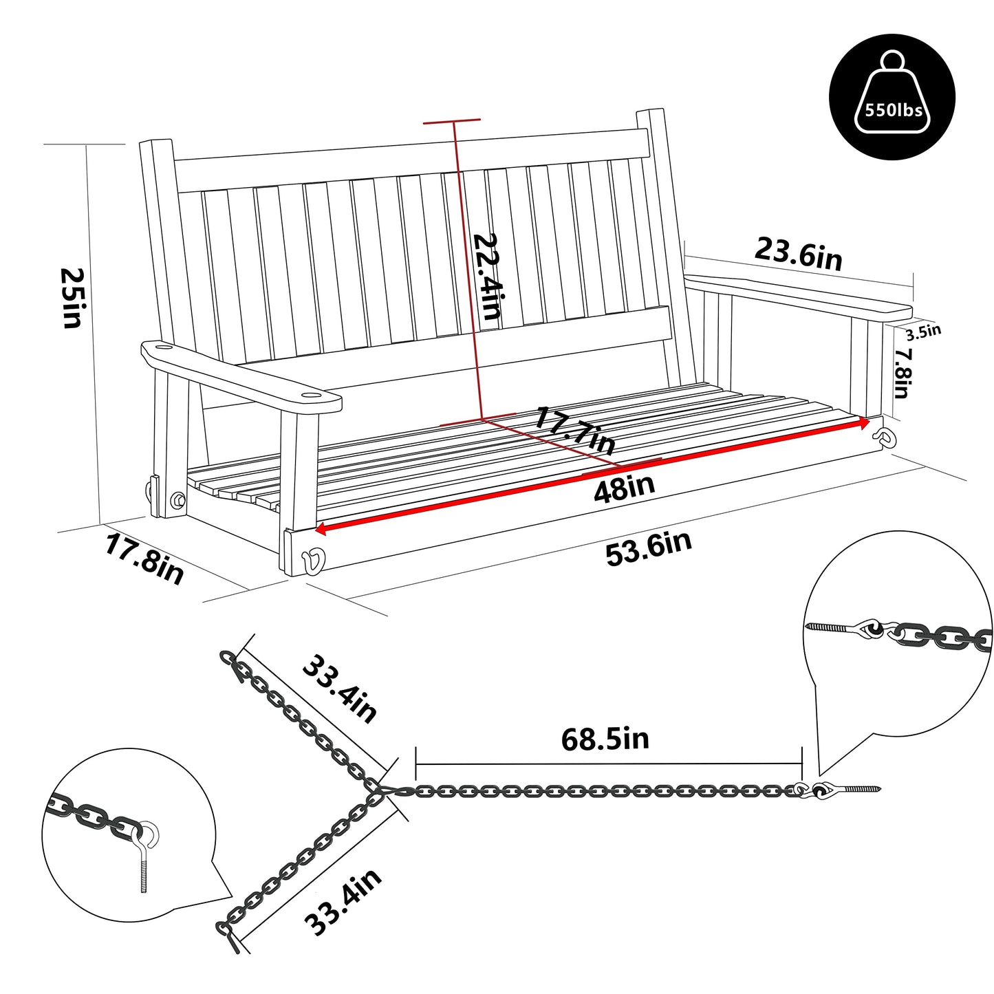 MUPATER Outdoor Patio Hanging Wooden Porch Swing 4FT with Chains, 2-Person Heavy Duty Swing Bench for Garden and Backyard, Rustic - WoodArtSupply