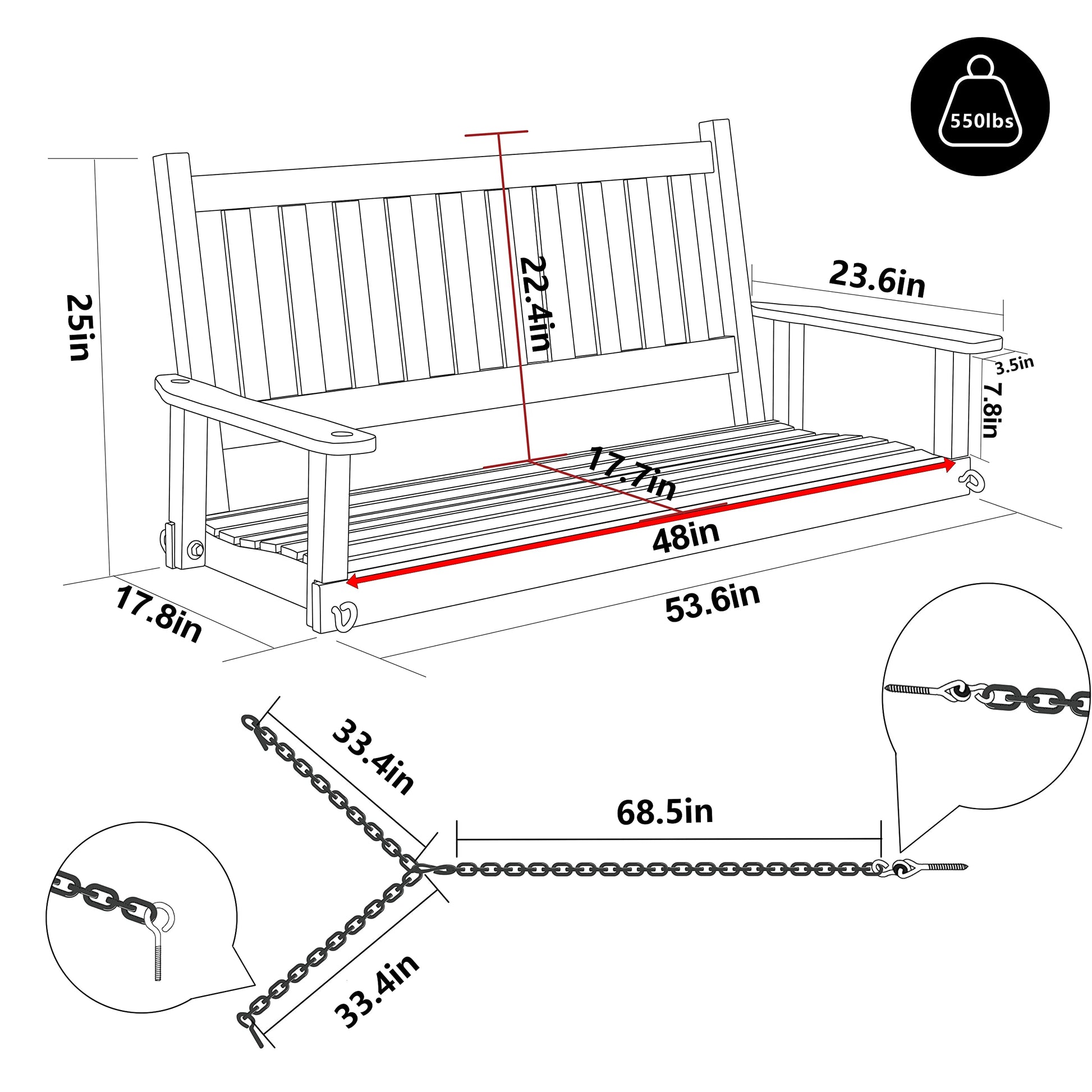 MUPATER Outdoor Patio Hanging Wooden Porch Swing 4FT with Chains, 2-Person Heavy Duty Swing Bench for Garden and Backyard, Rustic - WoodArtSupply