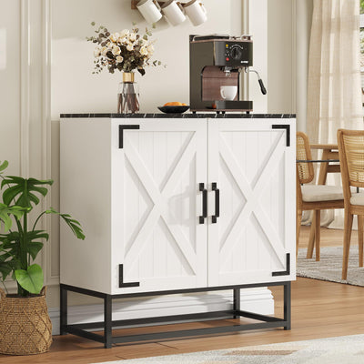Maupvit 32" L Sideboard Buffet Cabinet with Storage, Farmhouse Tall Coffee Bar Table with Black Wood Countertop for Kitchen Dinning Room, Living Room, Antique White Entryway Accent Cabinets