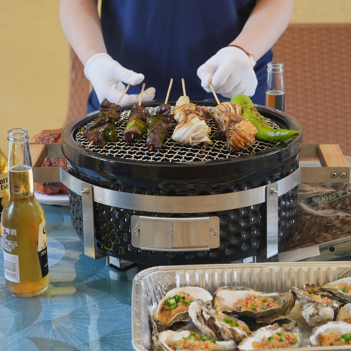 AUPLEX Yakitori Ceramic Charcoal Grill, Japanese Style Tabletop BBQ With Bamboo Heat Shield For Indoor/Outdoor, Round, DIA-14” AUPLEX