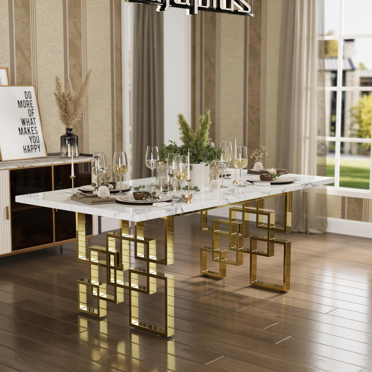 AUZ 9 Piece Dining Room Table Set with Chairs, Luxury White and Gold Dining Room Table Set for 8, 78 inch Rectangular Dining Table Set with 8 White Leather Dining Chairs AUZ