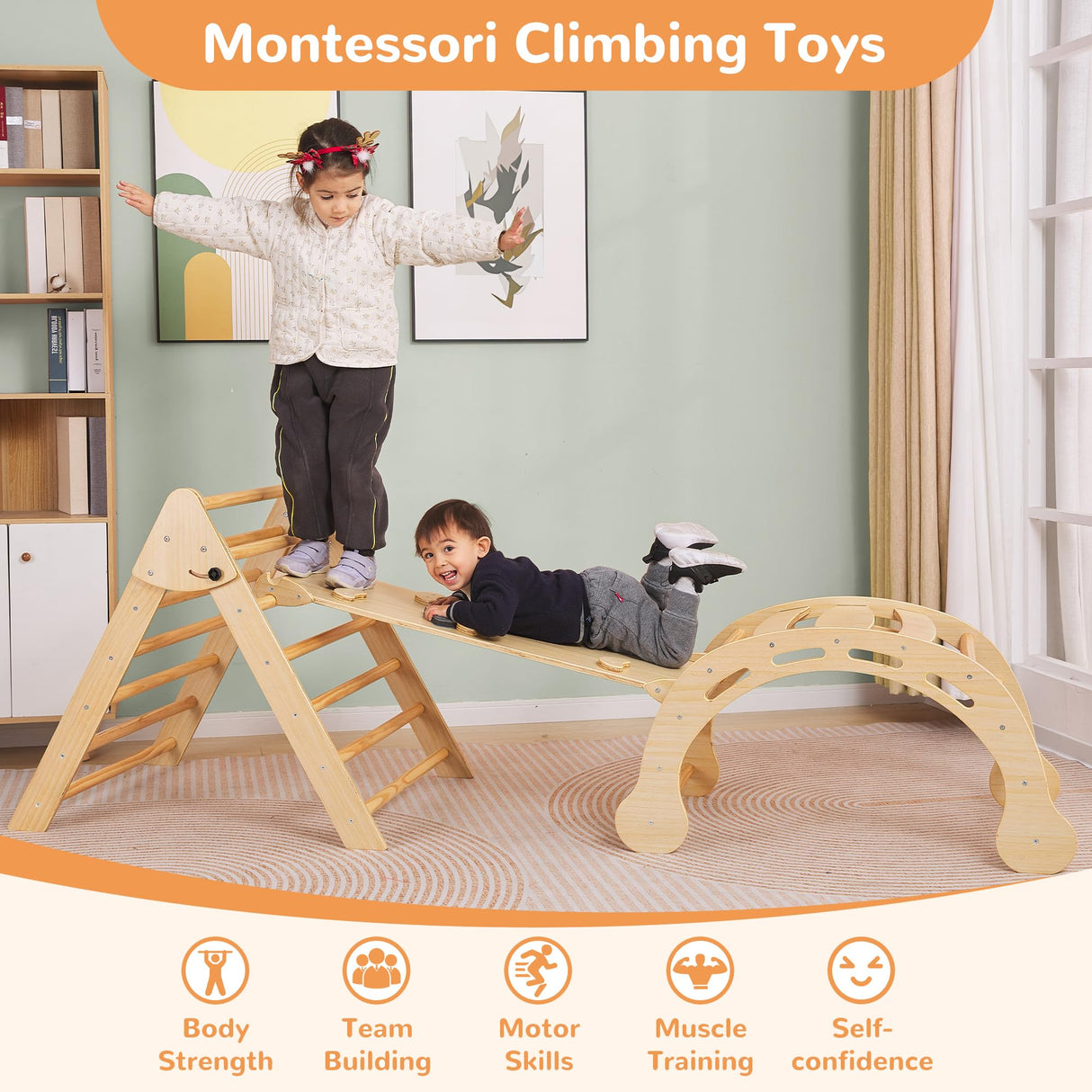 SHWWQUE Pikler Triangle Set Montessori Climbing Toys for Toddlers Pikler-3 Piece Indoor Playground 3 in 1 Foldable Baby Climbing Gym Jungle Gym for Kids Ages 1-6 Natural SHWWQUE