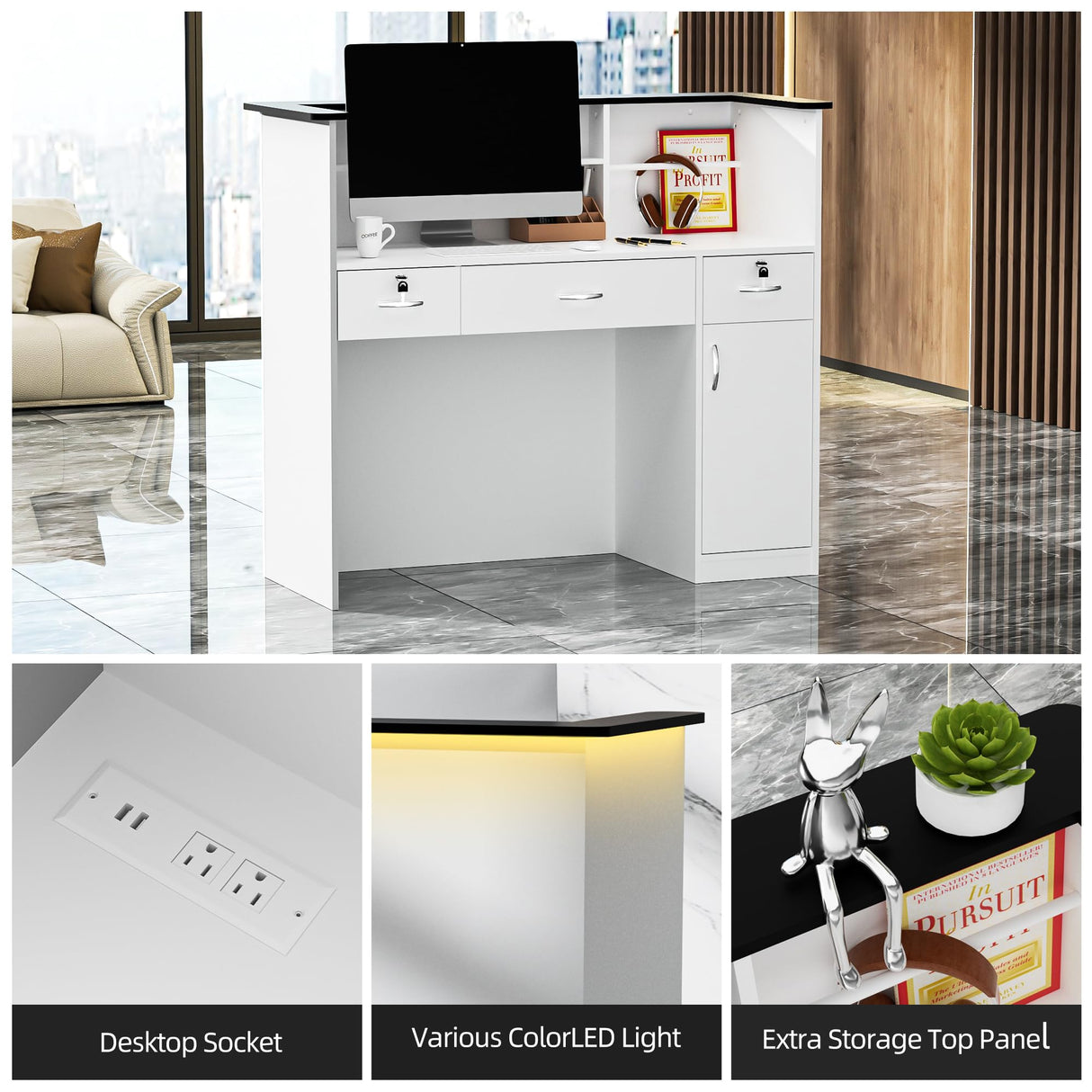 OUTGUAVA Modern Front Desk & Reception Desk with LED Lighting, 50-inch Retail Counter with Power Socket, DIY Stripe for Checkout, Lobby, Salon, Offices - White OUTGUAVA