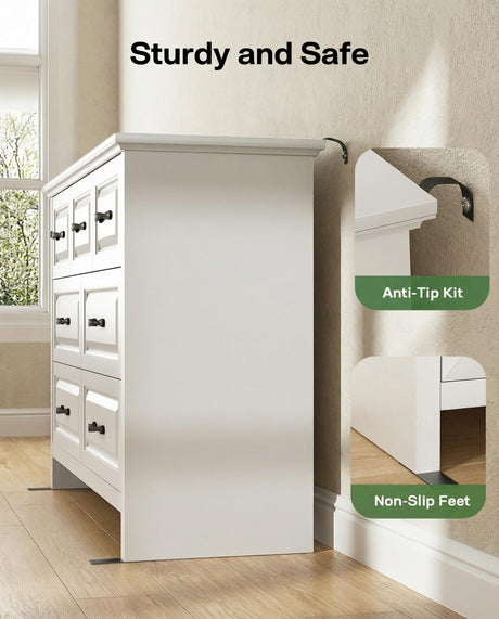 Marsail Farmhouse 7 Drawer Dresser, Wood Chest of Drawers with Natural Texture, Smooth Gliding Drawers, Versatile Storage Organizer Cabinet for Bedroom & Living Room, White Marsail