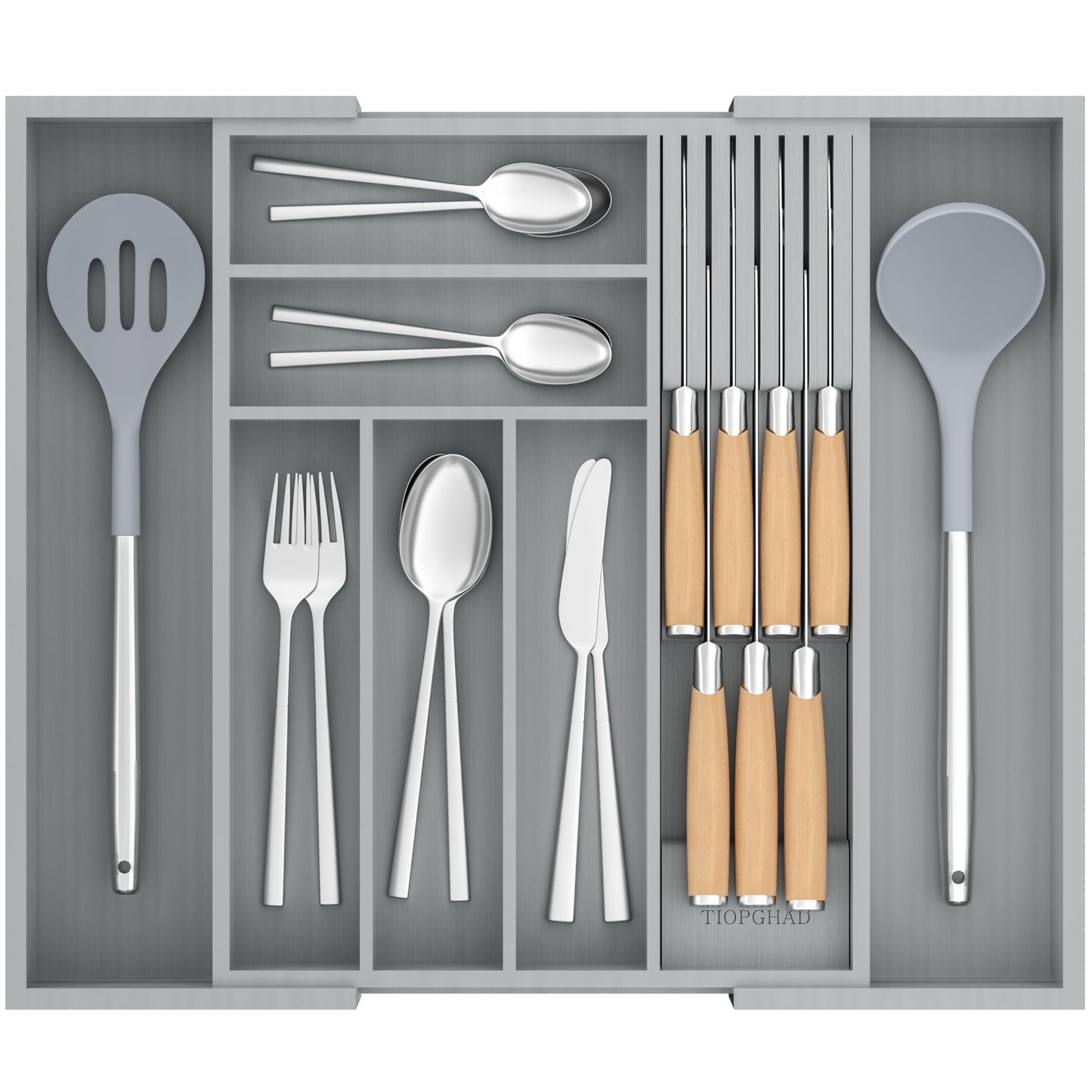 TIOPGHAD Bamboo-Silverware-Drawer-Organizer-Kitchen, Expandable Utensil Holder Cutlery Tray Flatware Organization Adjustable Wood Tableware Dividers Storage (with Removable Knife Block)(Grey)