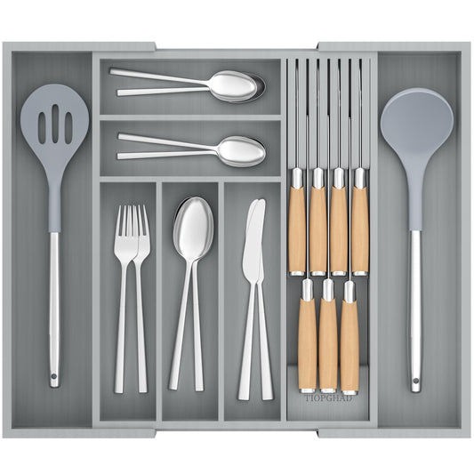 TIOPGHAD Bamboo-Silverware-Drawer-Organizer-Kitchen, Expandable Utensil Holder Cutlery Tray Flatware Organization Adjustable Wood Tableware Dividers Storage (with Removable Knife Block)(Grey)