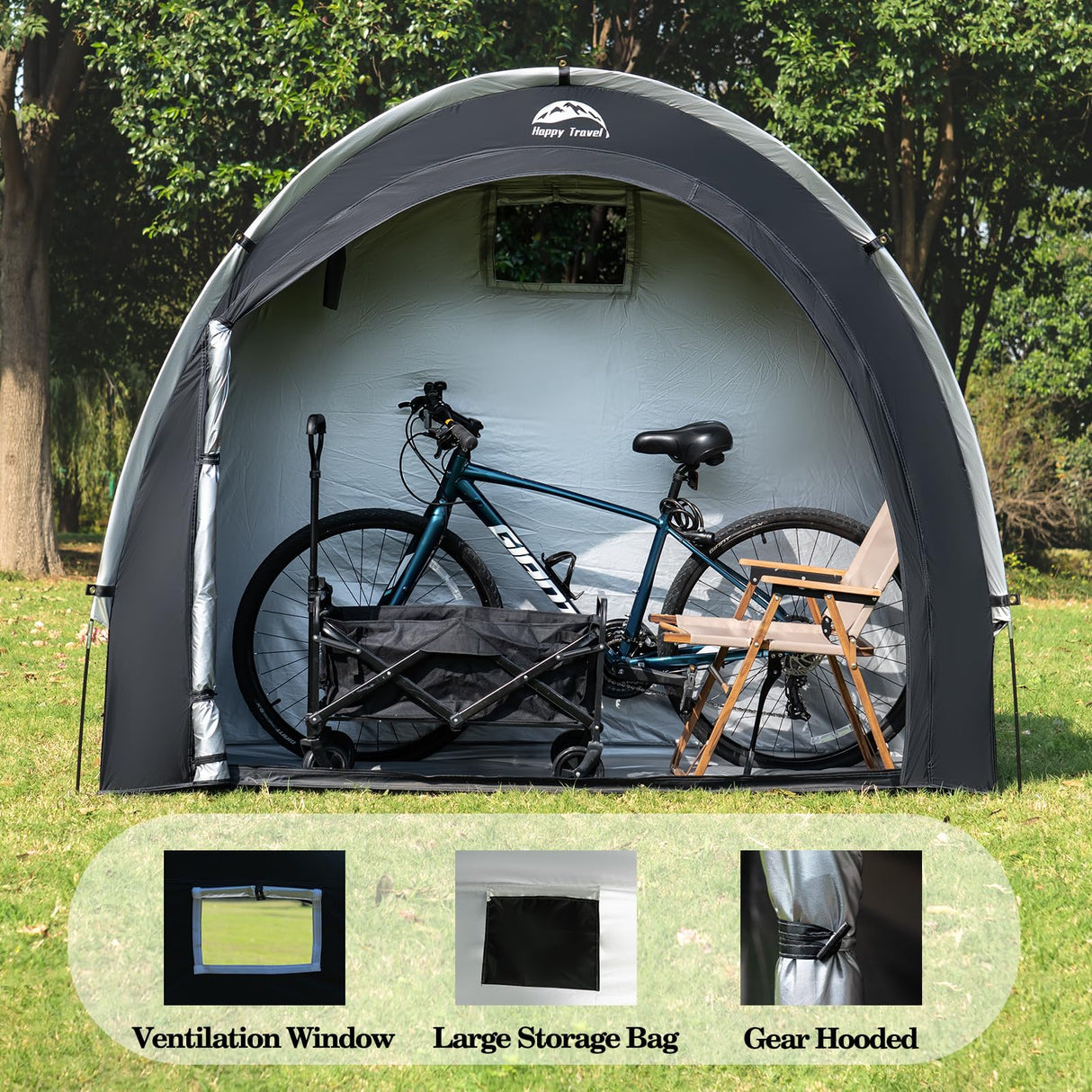 Happy Travel Bike Storage Tent Shed,7x5ft Large Outdoor Waterproof Bicycle Covers Shelter with Window for 4/5 Bikes,Oversized Outside Portable Sheds for Lawn Mower,Garden Tools,Motorcycle HAPPY TRAVEL
