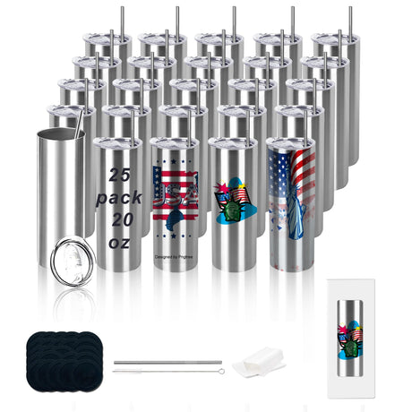 JKGTKC 25pack 20oz sublimation straight tumbler bluk double wall stainless steel vacuum cup with metal straw and silding lid for wholesale banks for DIY gift （silver） JKGTKC