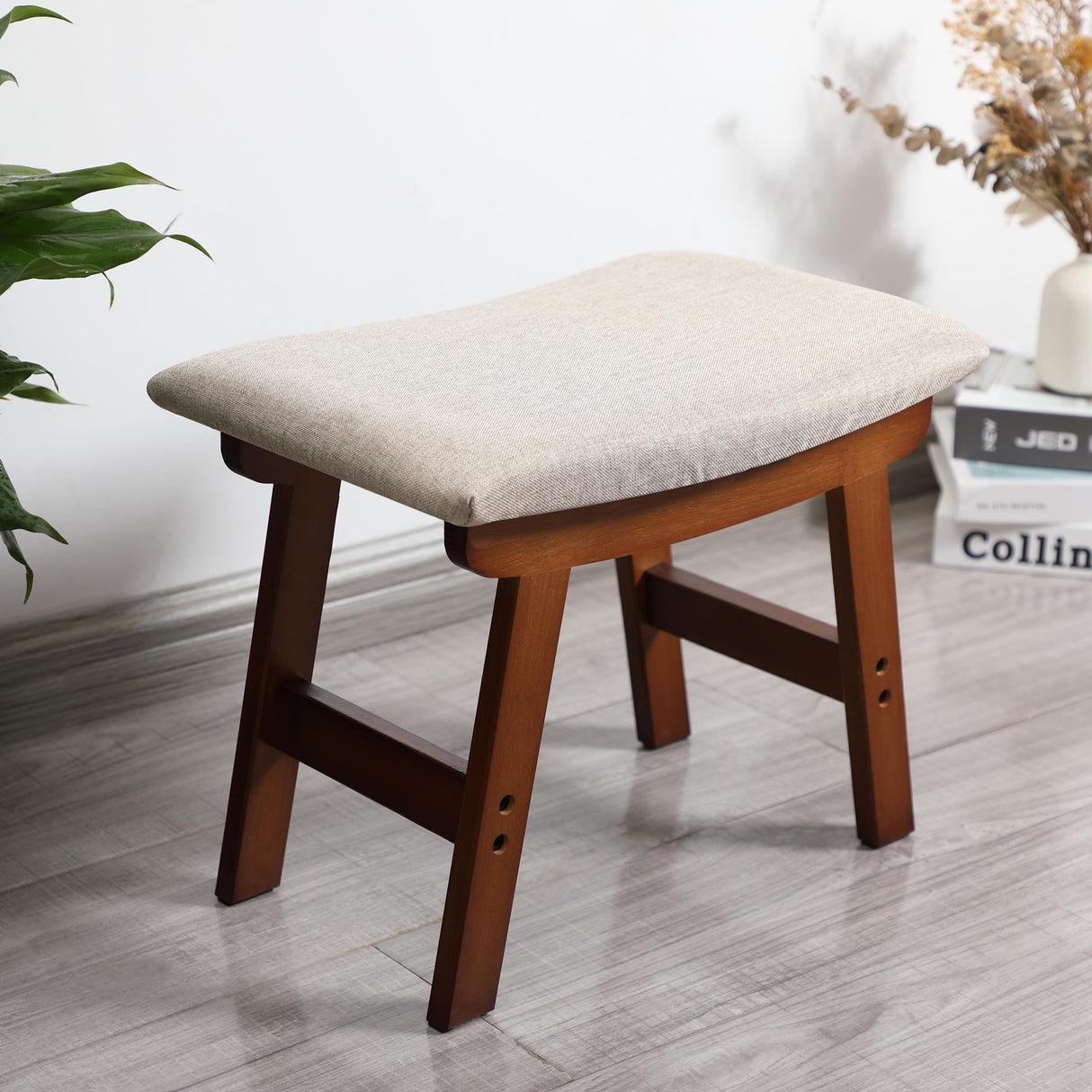 BAMBOO LAND- Bamboo Foot Stools Ottoman, Beige Cushion & Brown Wood Legs, Small Ottoman Foot Rest for Couch BAMBOO LAND