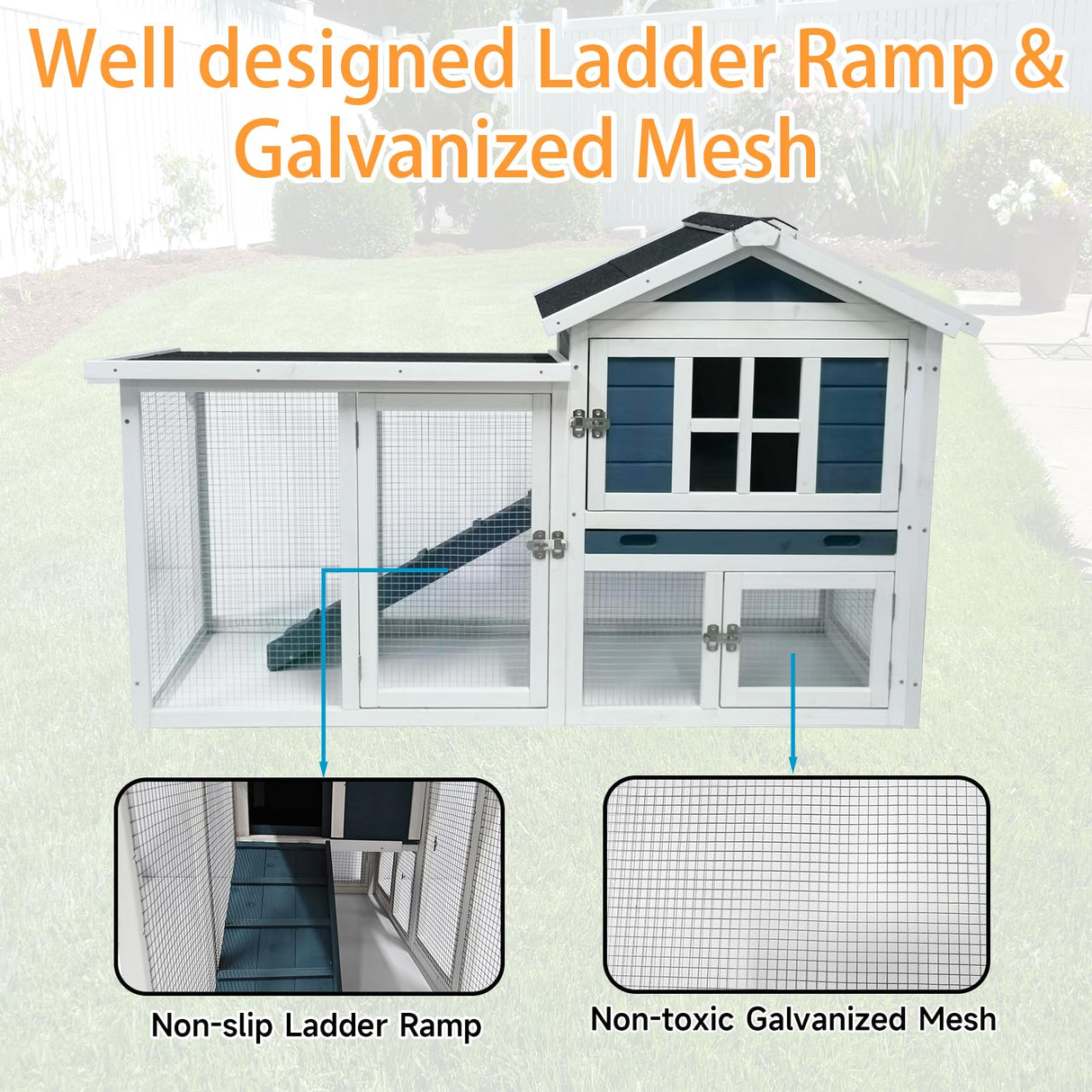 RUNSHED Rabbit Hutch 2-Story Bunny Cage Small Animal House for Indoor Outdoor Wooden Rabbit Cage with No Leak Tray Waterproof Roof (56.8" L x 22.5" W x 34.7" H, Grey Blue&White) RUNSHED