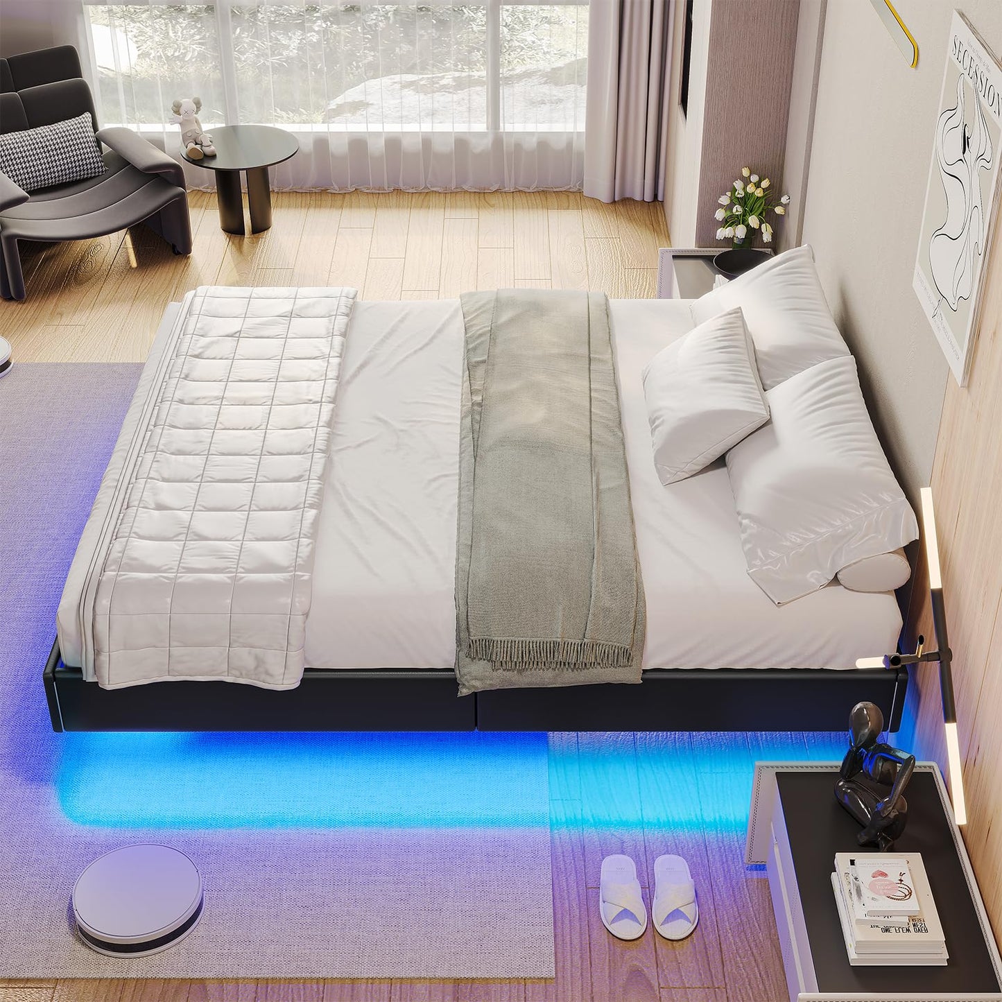 Hasuit Black California King Floating Bed Frame with LED Lights - WoodArtSupply