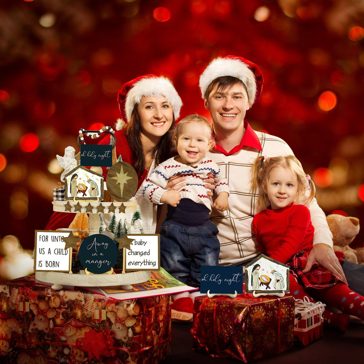 Bucherry Christmas Christian Jesus Nativity Tiered Tray Decor Farmhouse Angels Mangers Jesus' Birth Wooden Christian Decor for Home Table Mantel Bucherry