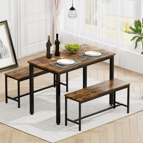 Rovibek 43" Dining Table Set for 4, Modern Space Saving Kitchen Breakfast Table with Benches & Adjustable Feet, Wooden Industrial Style Farmhouse, Brown Rovibek