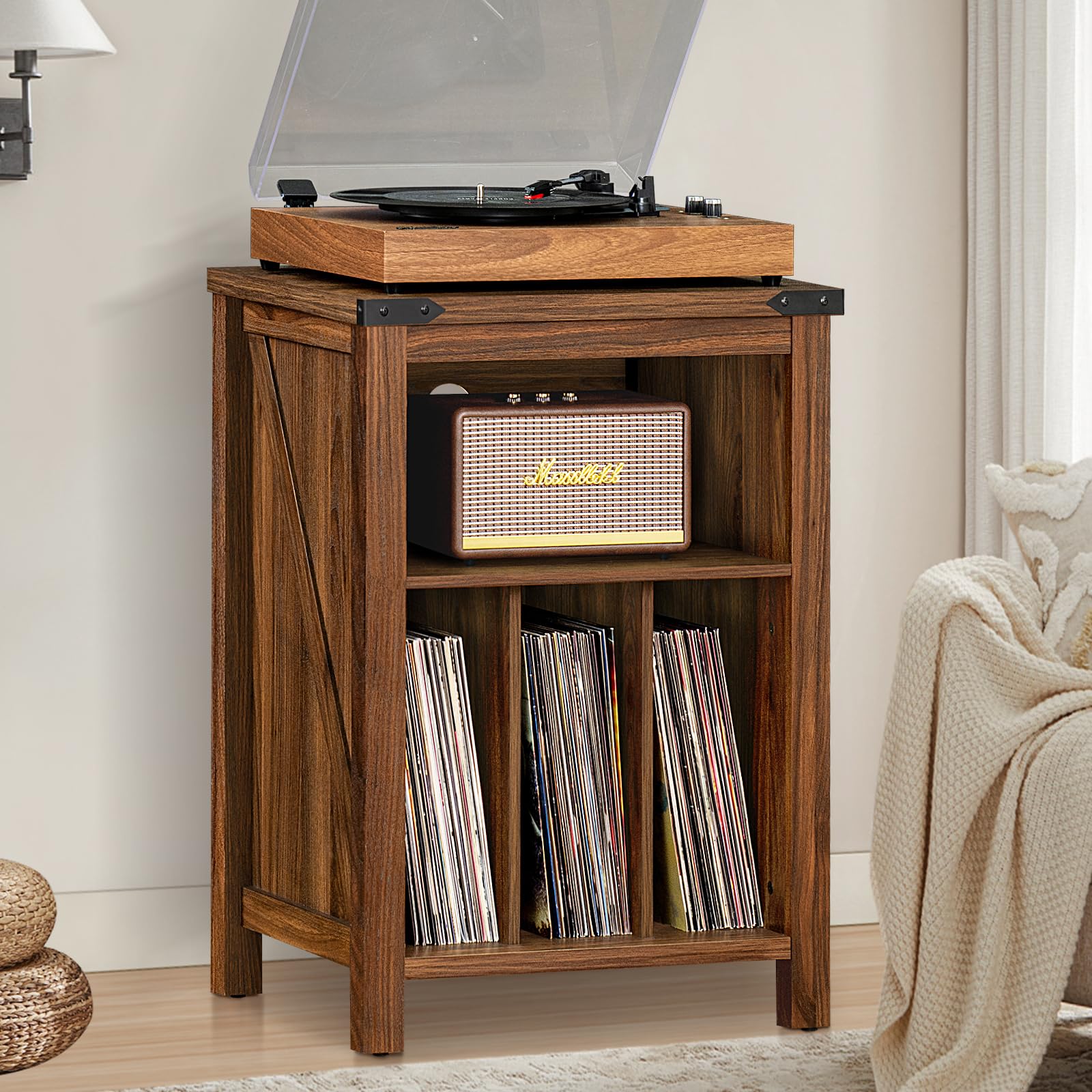 Joaxswe Record Player Stand with Vinyl Record Storage,Rustic Brown Record Player Table Holds up to 160 Albums,Large Wood Turntable Stand Cabinet Dispaly Shelf for Living Room,Bedroom,Office - WoodArtSupply