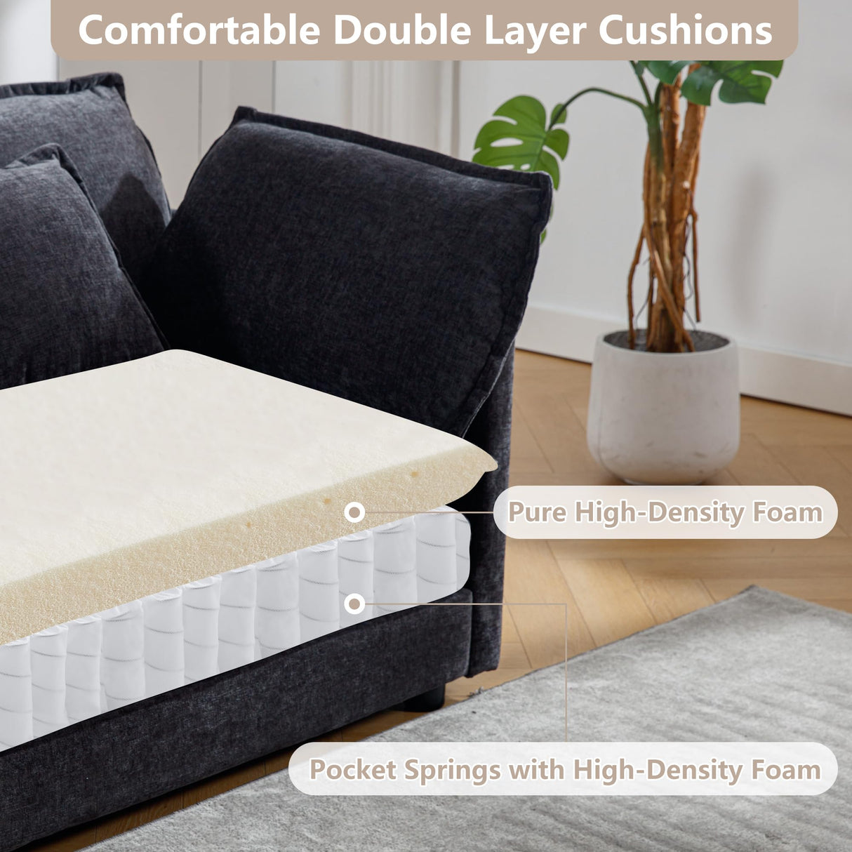 Tmsan 113.4" Deep Seat Sectional Cloud Sofa with 2 Ottomans, Oversized U Shaped Modular Couch, Large 7 Seater Corner Couches for Living Room, Black Chenille Tmsan