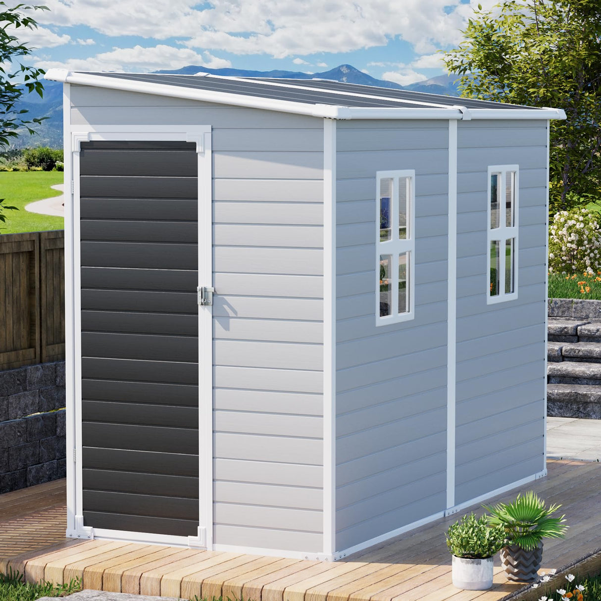 Outdoor Resin Storage Shed with Floor 8x4x6 FT Waterproof Lean to Sheds Kit Included 2 Windows Lockable Door, Plastic Tool Shed for Backyard Garden Patio Lawn WELYAS