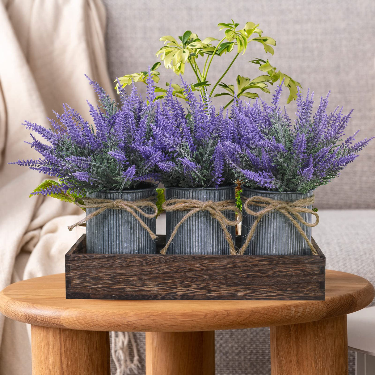 Set of 3 Small Potted Plants Arrangement Artificial Lavender Flower Plants in Rustic Galvanized Metal Pots with Decorative Wood Tray for Farmhouse Table Centerpiece Windowsill Country Indoor Decor Winlyn