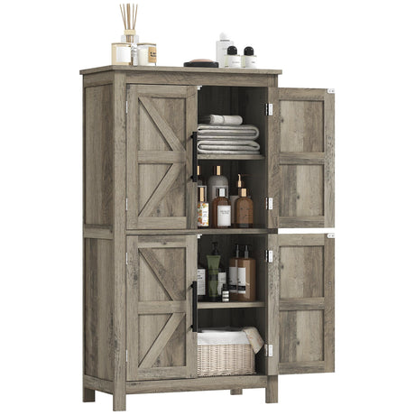 HOMCOM Farmhouse Bathroom Storage Cabinet with 4 Barn Doors, Bathroom Floor Cabinet with 2 Adjustable Shelf, Freestanding Storage Cupboard, Light Gray HOMCOM