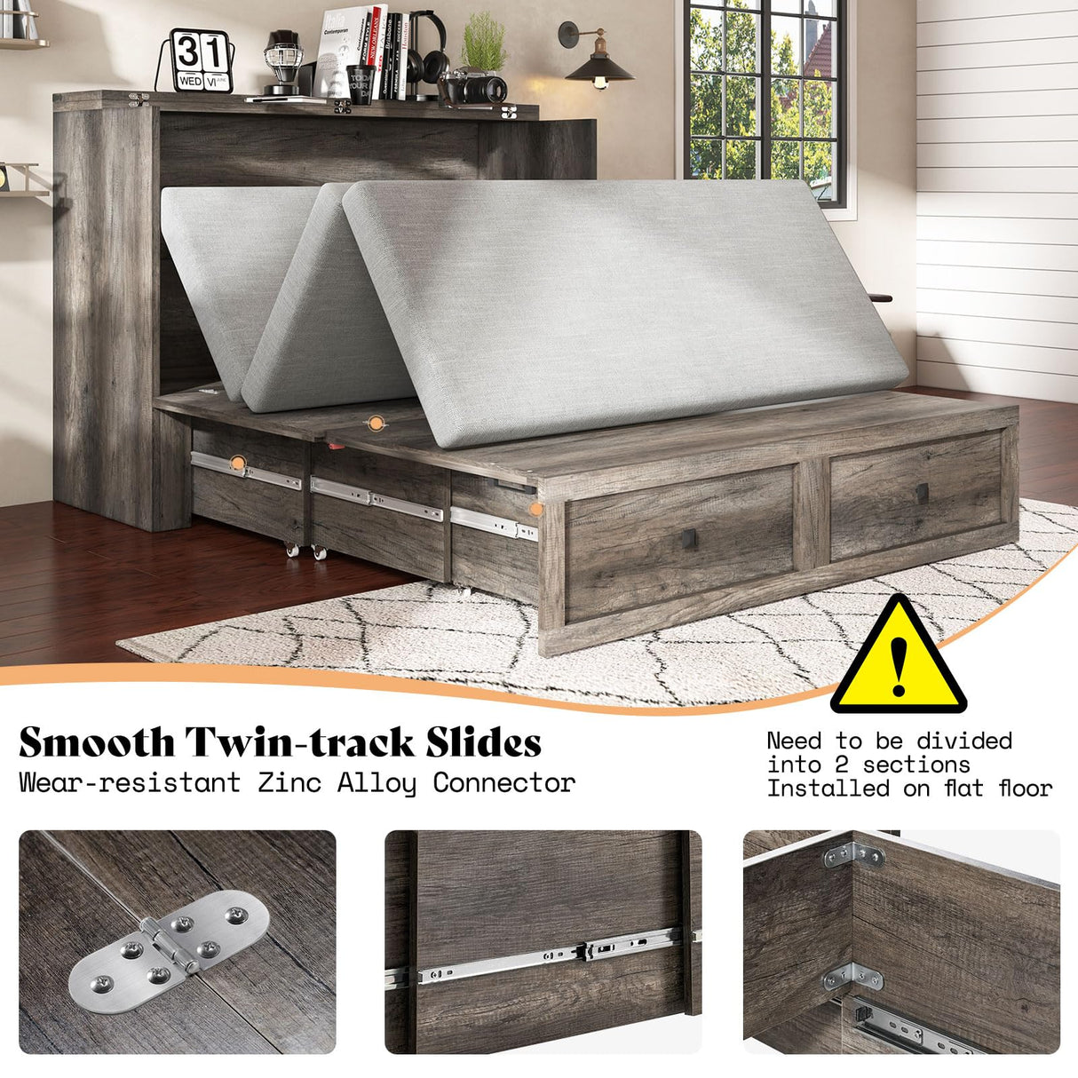 AMERLIFE Queen Murphy Bed with Storage & Charging Station, Farmhouse Murphy Cabinet with Foldable Panel, Noisy Free, for Living Room, Guest Bedroom, Office, Rustic Gray AMERLIFE