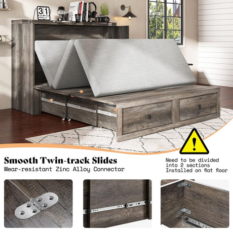 AMERLIFE Queen Murphy Bed with Storage & Charging Station, Farmhouse Murphy Cabinet with Foldable Panel, Noisy Free, for Living Room, Guest Bedroom, Office, Rustic Gray AMERLIFE