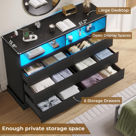Hasuit Black Dresser for Bedroom with LED Lights and Charging Station, 51.2" Long Dresser Chest of Drawers with Large Drawers and Open Space, Modern 6 Drawer Dresser for Bedroom, Living Room, Entryway Hasuit