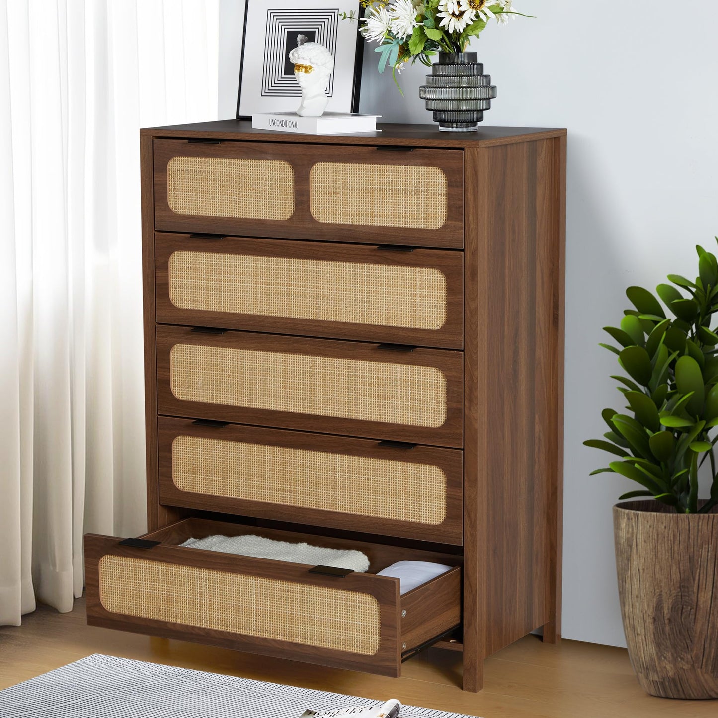 LEVNARY 5 Drawer Chest Dresser, Rattan Tall Dresser 5 Chest of Drawers for Bedroom, Wood Storage Cane Cabinet with Metal Handles, for Living Room, Hallway, Nursery (Walnut) - WoodArtSupply