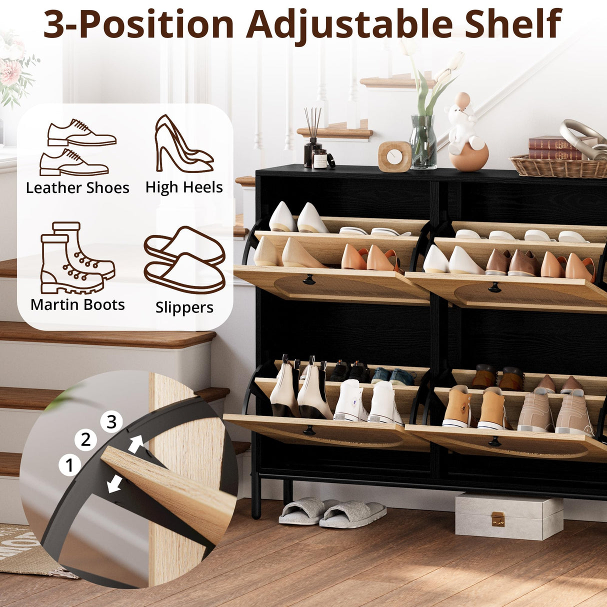 IRONCK Rattan Shoe Cabinet Storage with 4 Flip Drawers, Freestanding Shoe Storage Organizer Cabinet for Entryway, Narrow Shoe Rack Cabinet, Black IRONCK