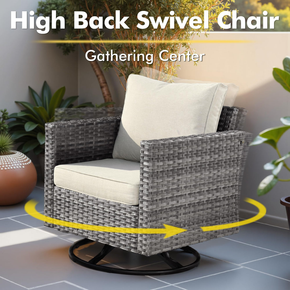 CAODOC 11 Piece Outdoor Patio Furniture Set with 53" Fire Pit Table, Wicker Sectional Conversation Set Whit Swivel Chairs,Modern Outside Sofa for Balcony Backyard(Beige) CAODOC