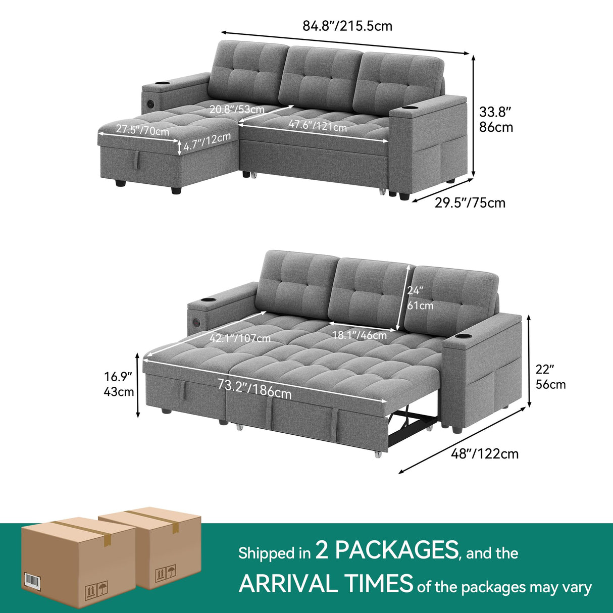 YITAHOME Sleeper Sofa, L-Shaped Sofa Couch w/Chaise & USB, 4-seat Fabric Convertible Couch Bed w/Pull Out Bed & Storage, Reversible Sectional Sofa for Living Room, Light Gray YITAHOME