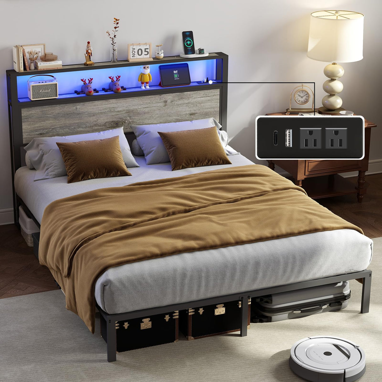 Full Size Bed Frame with Headboard, Metal Platform Bed Frame with LED Lights & Charging Station, Under Bed Storage, Solid and Stable, No Box Spring Needed, Noise Free, Easy Assembly, Rustic Grey RVONOW