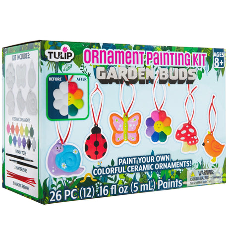 TULIP Paint Your Own Garden Ornaments, Ceramic Painting Creative Craft Kit for Kids, 12 Rainbow Colors, 6 Sized Projects (Snail, Ladybug, Butterfly, Flower Power, Mushroom, and Bird), Age 8+ Tulip