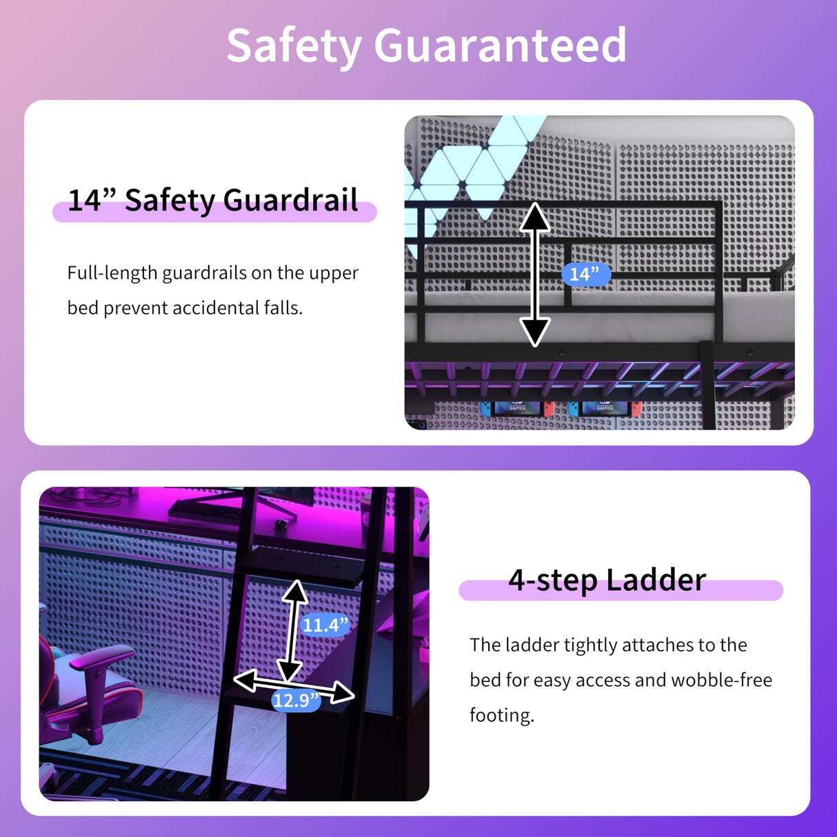 Polibi Full Size Loft Bed with LED and Desk,Metal Gaming Loft Bed Frame with 4 Storage Shelves,Black Polibi