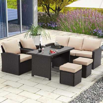 HOMREST 6 Pieces Patio Furniture Sets Clearance, Patio Dining Sofa Set Outdoor Sectional Sofa Conversation Set All Weather Wicker Rattan Couch Dining Table & Chair (Beige) - WoodArtSupply