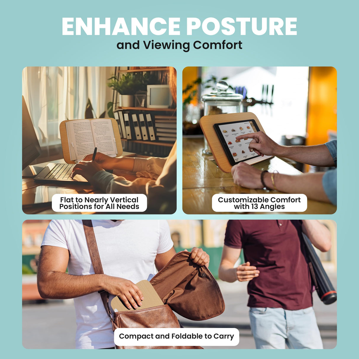 CataKenTika Wood Book Stand - Book Holder for Reading Hands Free, Foldable, Adjustable Book Display Stand, Cookbook Stand Portable, Lightweight Page Holder for Book Lovers, Cooks, Students 13.4"x9.4" CataKenTika