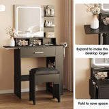 Vabches Makeup Vanity with Mirror and Lights, Small Vanity Desk with with Drawer Lots Storage, Vanity Set with Storage Drawer, Chair and Three Shelves, Black Vabches