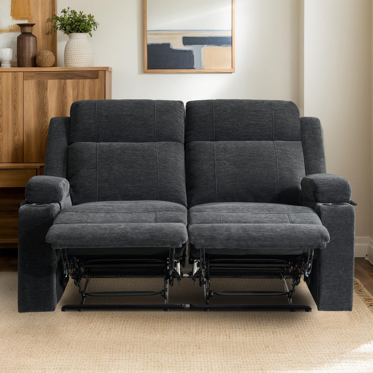 LURVIA 55" RV Loveseat Recliner – Space-Saving Double Reclining RV Sofa, Compact Theater Seating with Cup Holders & Storage Pocket, Black Chenille Couch for Camper, Motorhome & Home Theater LURVIA