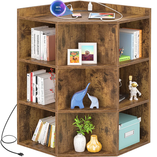 Aheaplus Rustic Brown Corner Cabinet with USB Ports and Outlets for Versatile Small Space Storage - WoodArtSupply